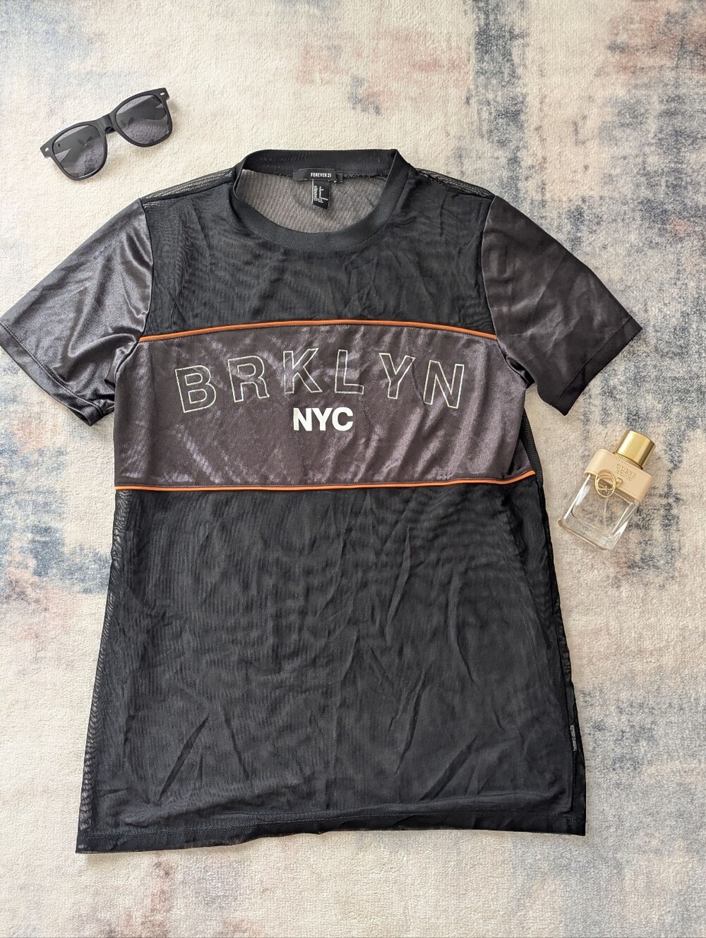 Forever 21 Black BRKLYN NYC Mesh Panel Short Sleeve Tee